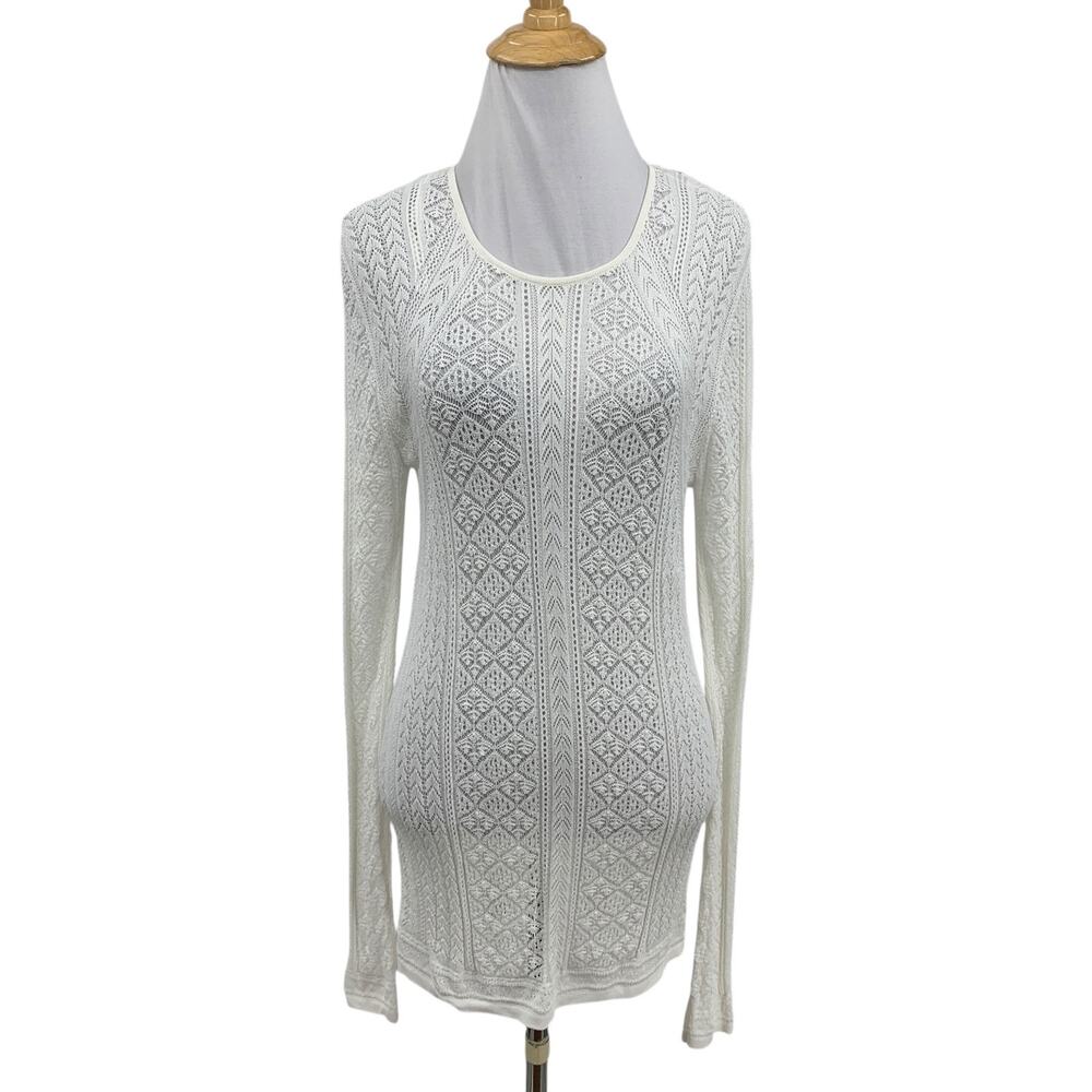 Reiss Top Womens M Medium White Open Stitch Long Sleeve Sheer Pointelle Knit